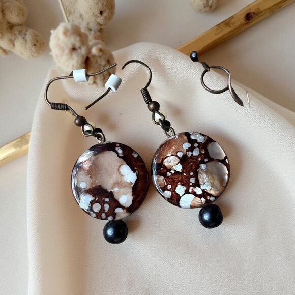 Brown and Black Acrylic Bead Necklace & Earring Set – 20" Toggle Necklace with D - Picture 2 of 7